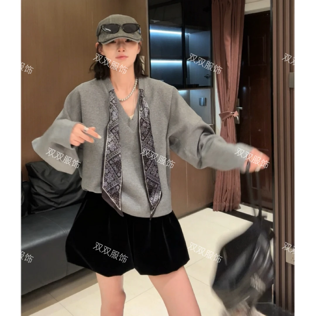 【SSOUHAN】小众设计V领重工丝巾卫衣宽松休闲蝙蝠袖显瘦