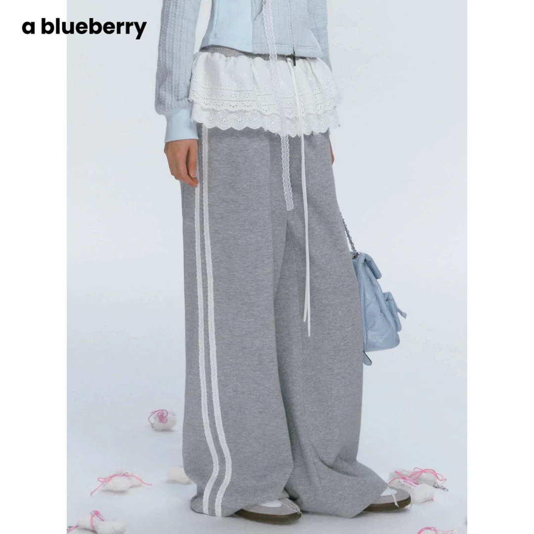 ablueberry辣妹休闲直筒裤女拼接假两件蕾丝裙裤设计卫裤BH301105