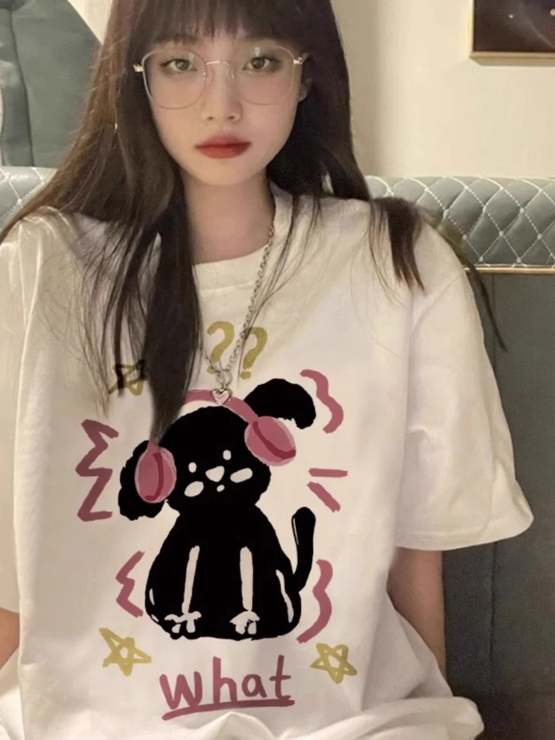 胖mm300斤短袖t恤女小狗印花夏季宽松半袖设计感小众港味chic上衣