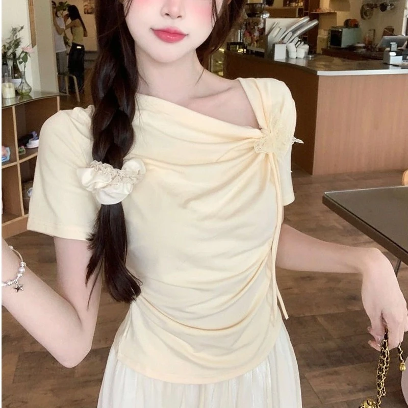 甜辣修身显瘦抽褶蝴蝶结别致短款上衣设计感不规则短袖T恤女夏季