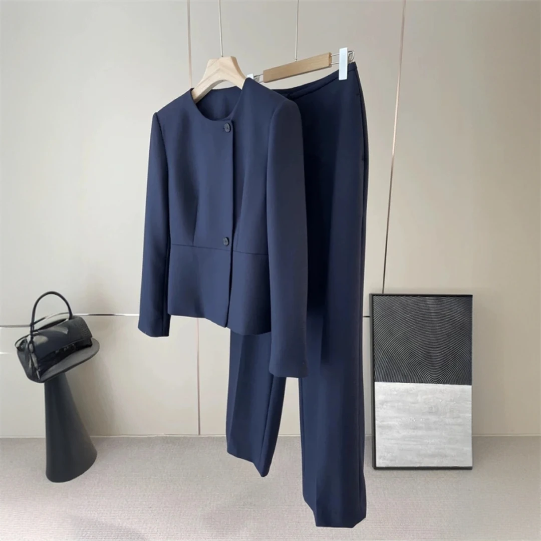 GXOGD+2025新款休闲圆领西装蓝色气质职业秋季西服套装TZ0042