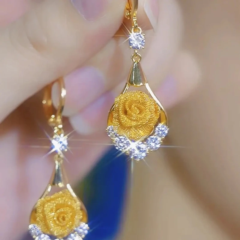 铜合金耳饰 2025新款【玫瑰佳人】时尚气质百搭雨滴玫瑰花耳环