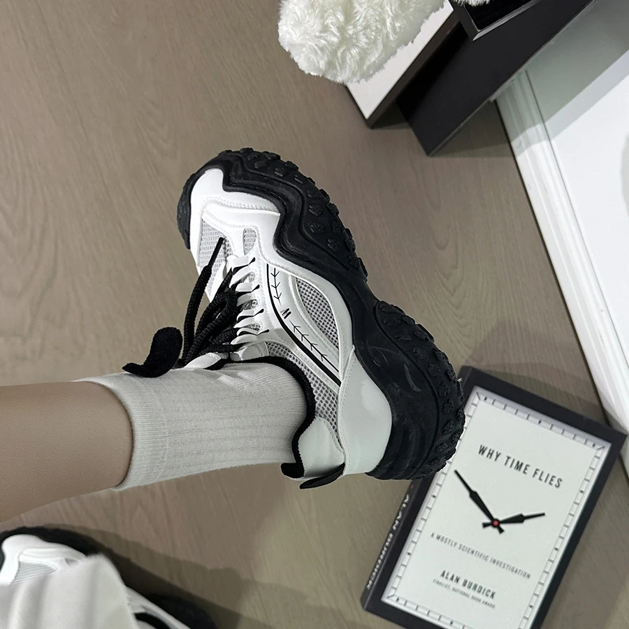 回力黑白网面运动鞋女2025新款厚底软底老爹鞋复古时尚户外休闲鞋
