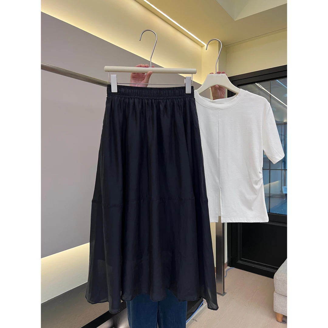 Q13休闲冰丝百褶半身裙女松紧腰显瘦透气轻薄A子裙拼接伞裙中长裙