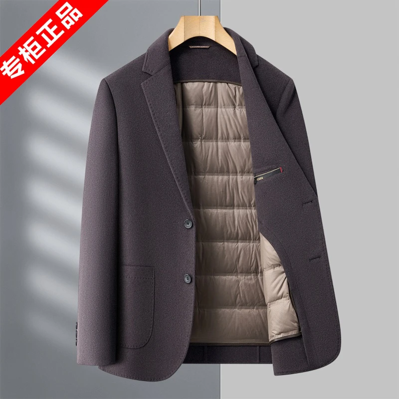 意大利高端男士双面呢西装商务休闲冬季保暖羊毛外套白鸭绒内胆厚