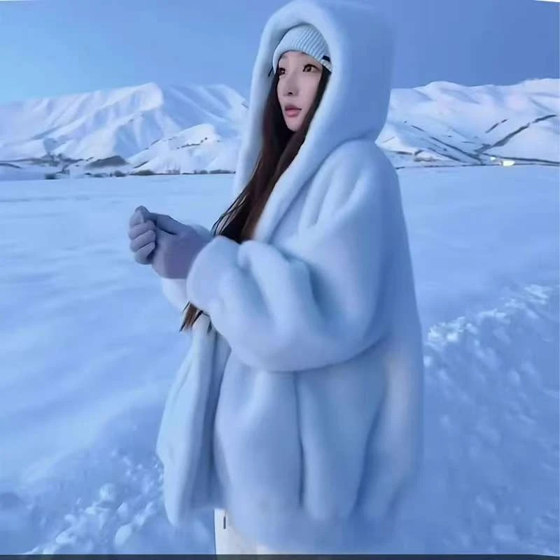 （加厚版）2024秋冬欧货高级感连帽女士毛毛外套时尚气质软乎乎外套