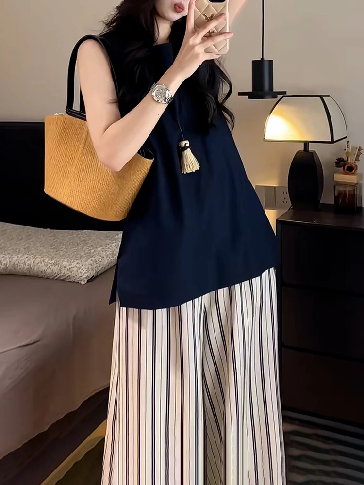 时尚套装2025夏季新款宽松显瘦百搭无袖上衣+松弛垂感条纹休闲裤