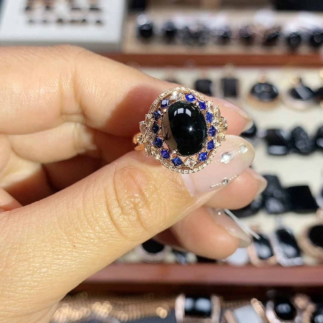 翡翠戒指18K金镶嵌墨翠戒指