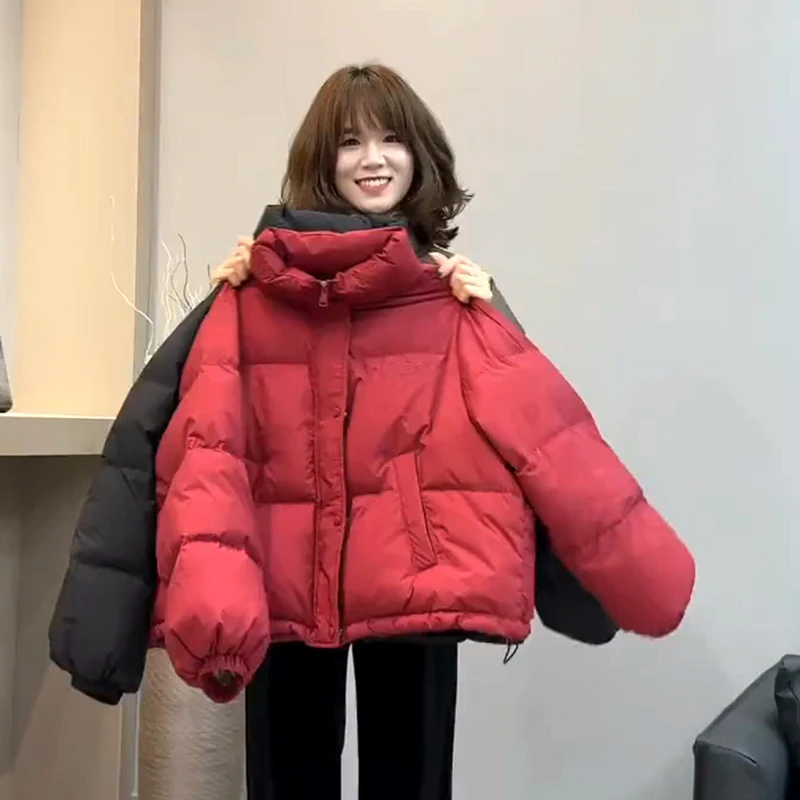 红色女2025冬季新款小个子轻薄立领绒面包服时尚洋气短外套短款