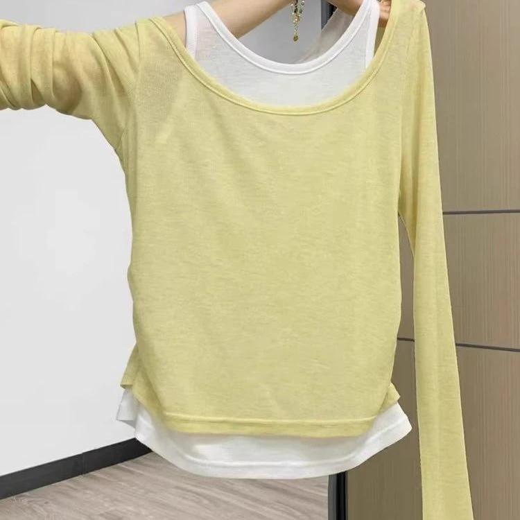 韩版设计感假两件拼色长袖T恤女春秋修身显瘦纯欲上衣内搭打底辉