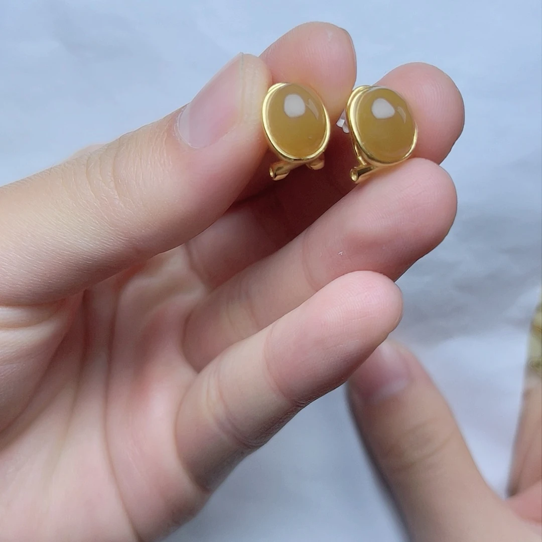 和田玉耳钉06银S925镶嵌安**八