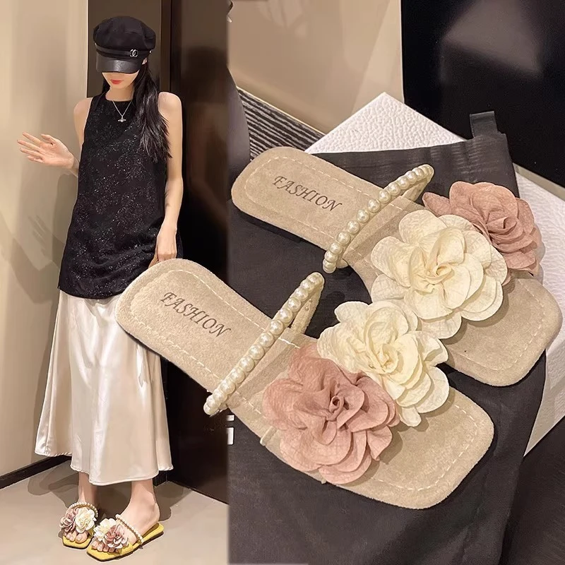 花朵防滑网红凉鞋法式ins一字型百搭一字拖夏季外穿凉拖鞋平底