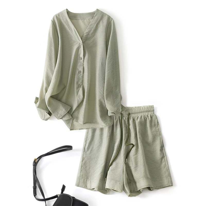 夏季宽松v领长袖休闲衬衫松紧腰短裤轻薄两件套衬衣居家外穿套装