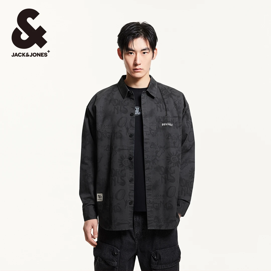 杰克琼斯春季新款潮流简约百搭休闲纯棉衣身满印廓形翻领衬衫男装