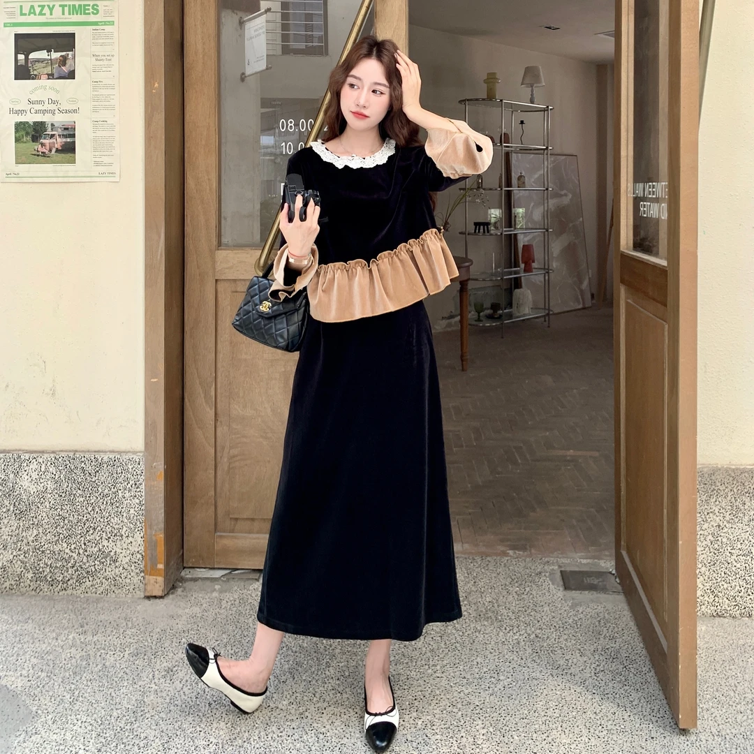 韩系早秋穿搭一整套早秋轻熟风荷叶边拼接丝绒上衣半身裙两件套