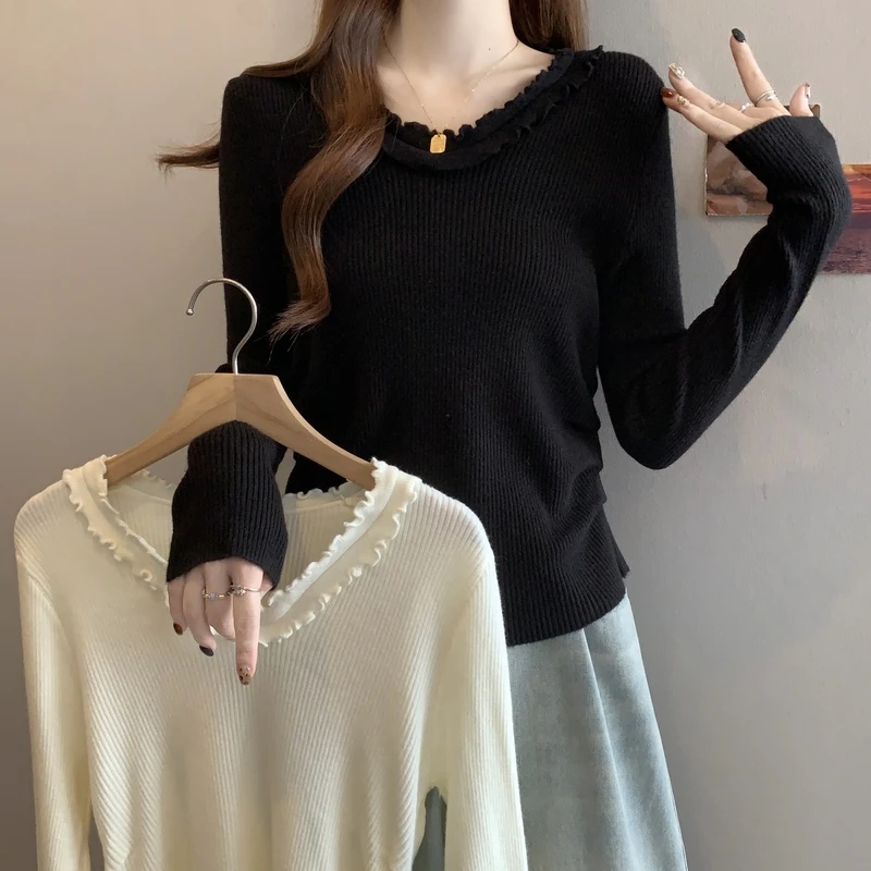 木耳边正肩长袖针织衫2025秋冬大码女装胖mm修身百搭显瘦打底毛衣