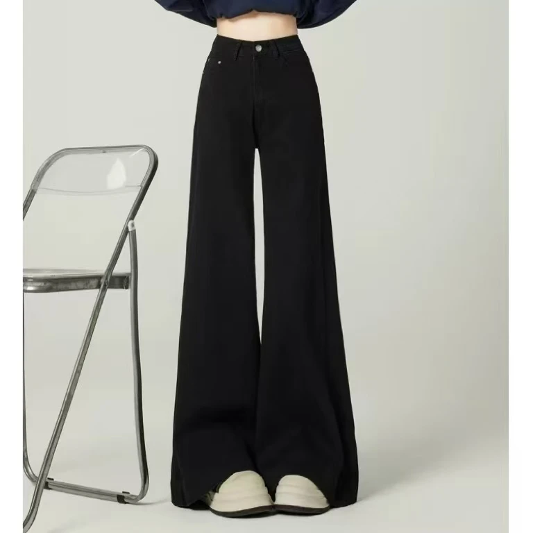 A.W.N黑色舒适百搭阔腿牛仔裤女2025新款高腰宽松直筒垂感拖地裤