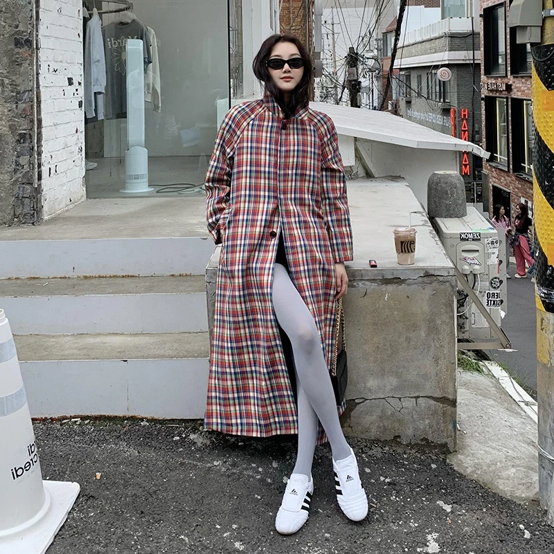 撞色格纹长款风衣女2025春季新款高级感超好看又酷又飒的大衣外套