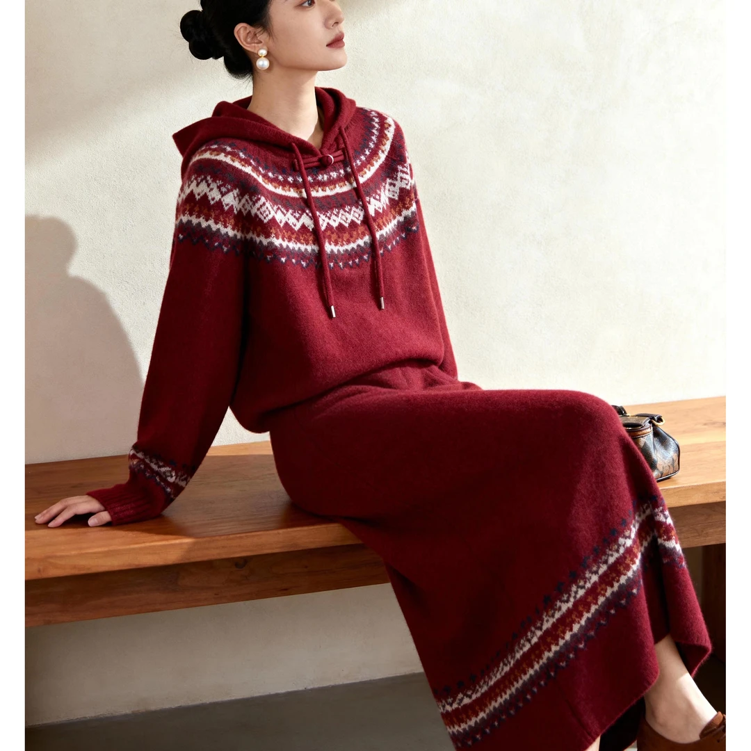 新中式国风红色费尔岛连帽盘扣毛衣巨好看的重要场合漂亮套装25秋