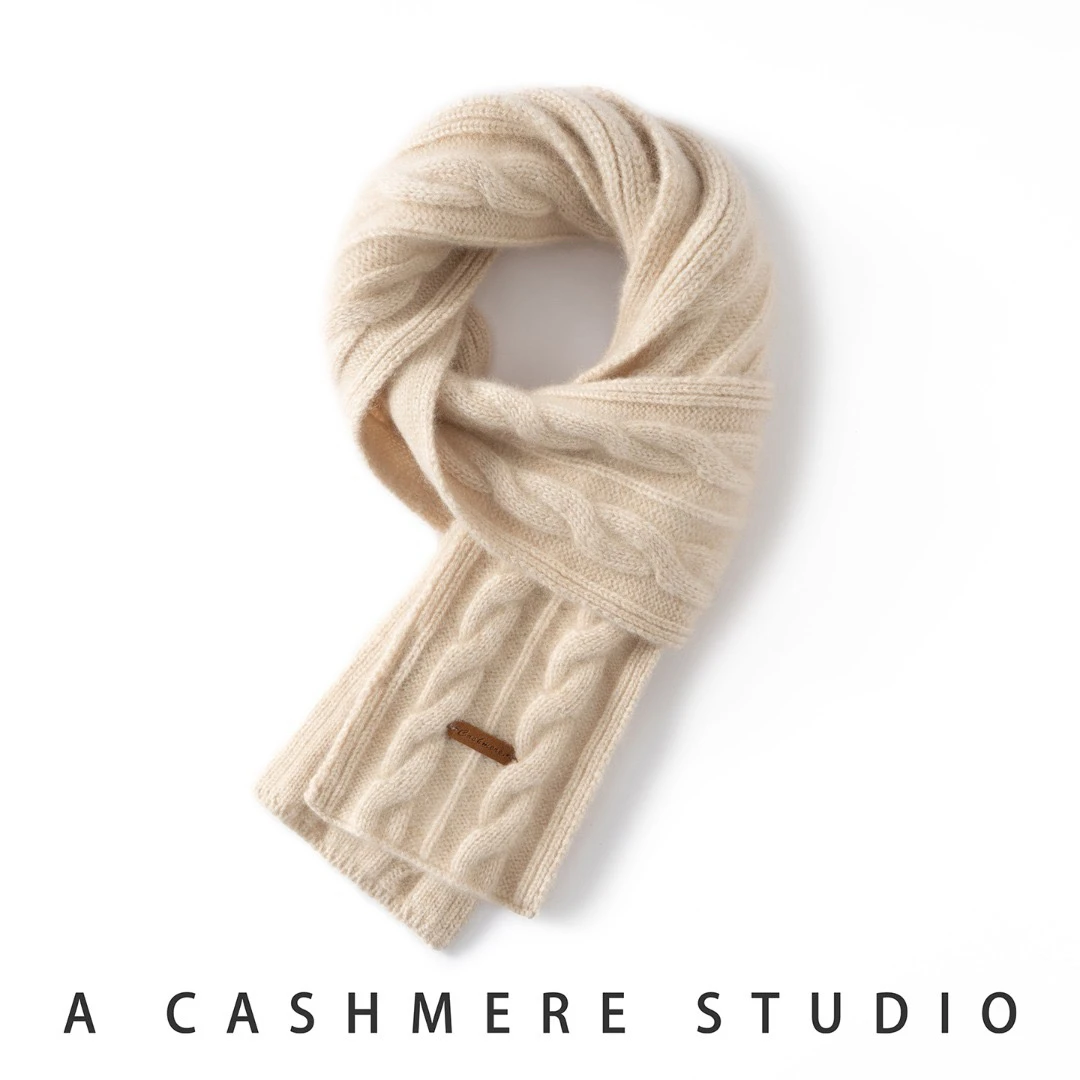 100%纯山羊绒围巾女冬季针织麻花保暖百搭围脖情侣亲子护颈nsc36