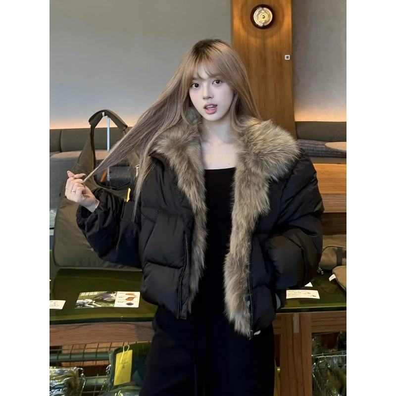 黑色短款大毛领保暖棉服女2025冬季新款洋气小个子显高时尚面包服