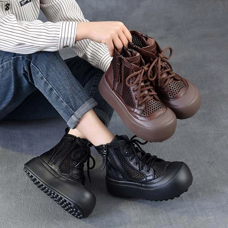 夏季新款时尚百搭休闲镂空头层牛皮马丁靴女鞋圆头真皮凉靴潮