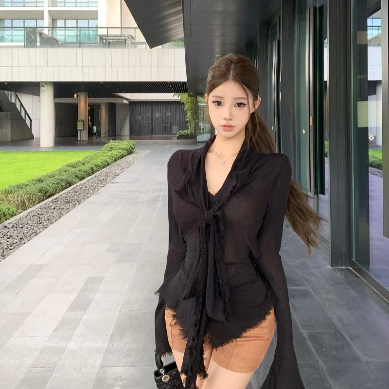 设计感毛边微透长袖衬衣女辣妹性感显瘦绑带衬衫气质独特秋冬上衣