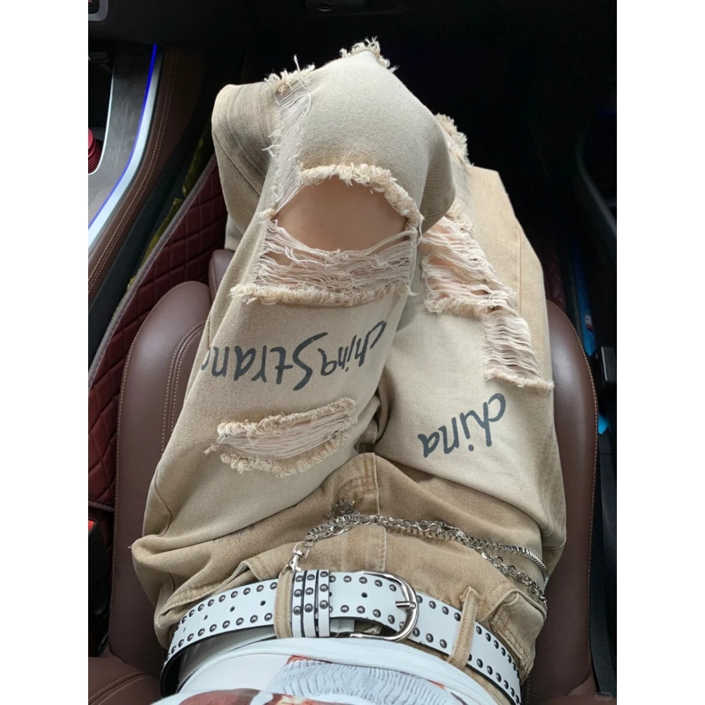 美式复古宽松水洗高街牛仔裤夏季薄款高腰显瘦破洞印花阔腿阔腿裤