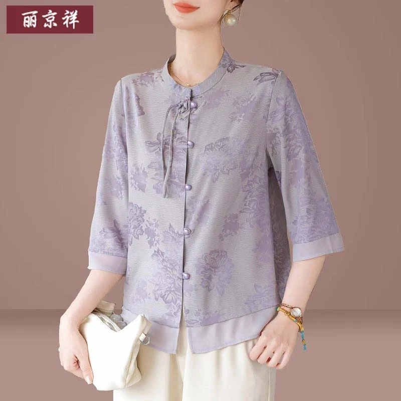 母亲节妈妈夏装国风雪纺衬衫洋气2025新款中老年人夏季短袖两件套