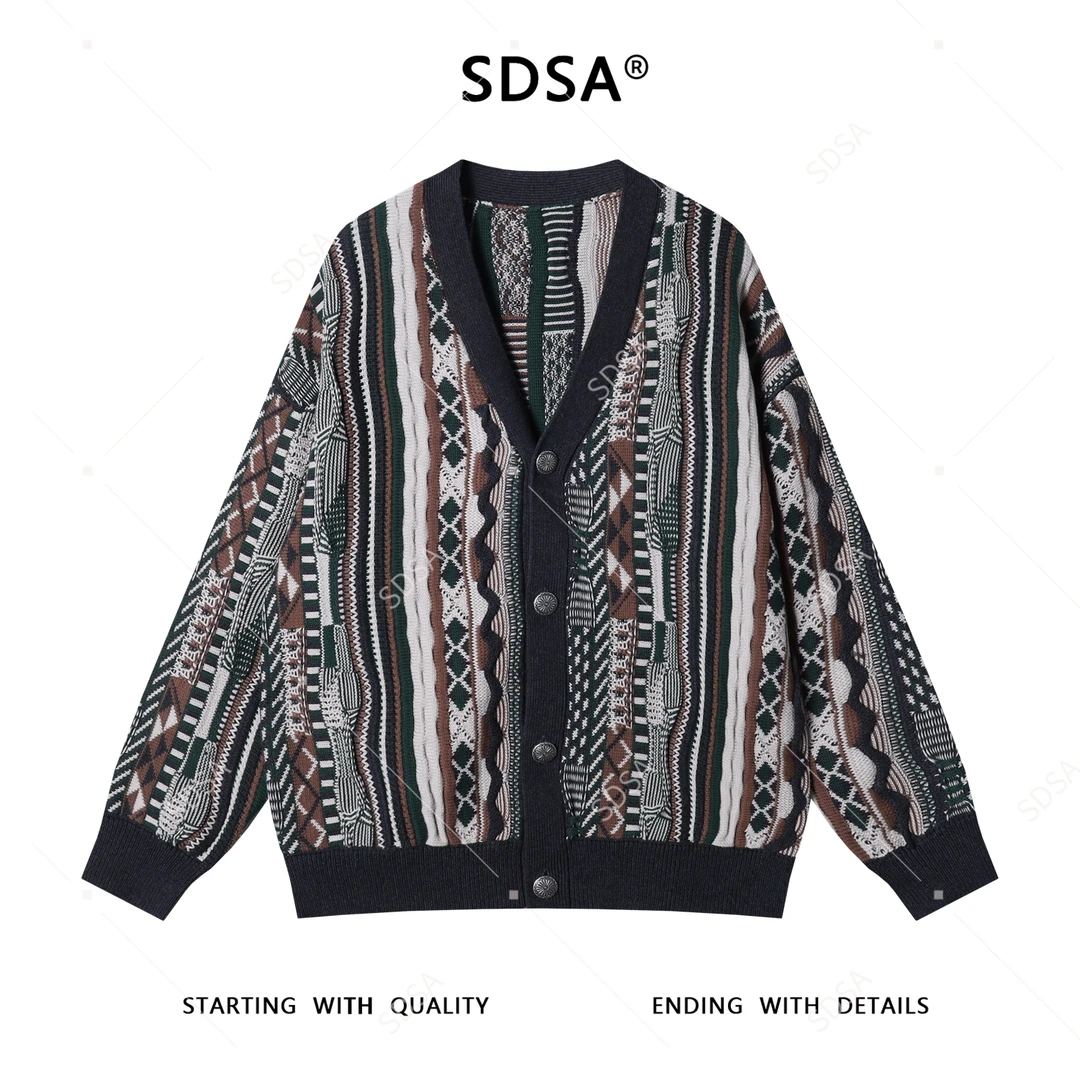 SDSA秋冬新款痞帅男装韩版撞色竖纹纽扣V领针织衫百搭开衫毛衣