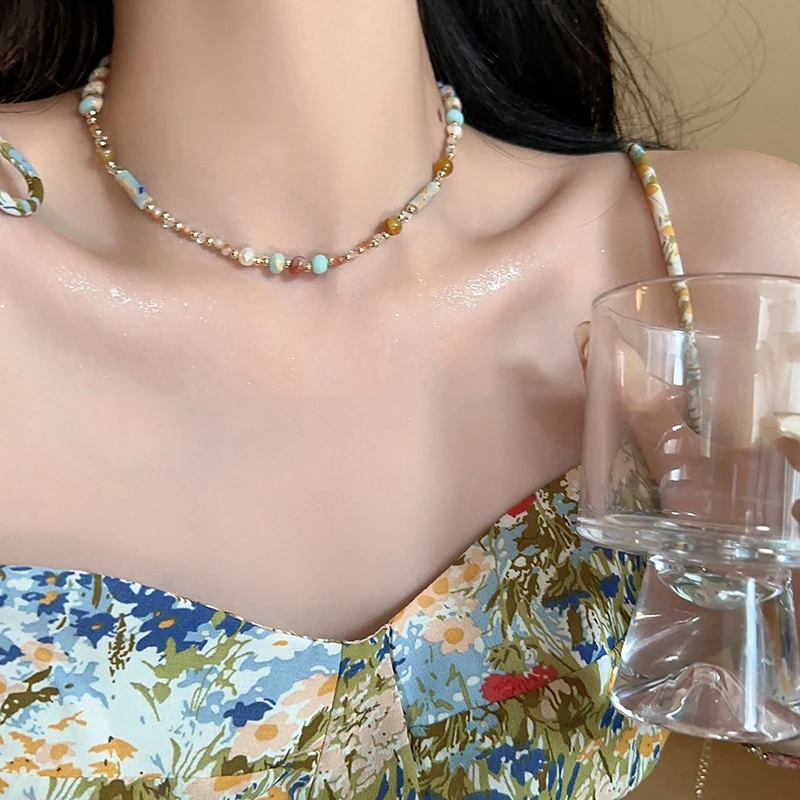 合金项链 民族风彩色串珠项链女轻奢小众锁骨链高级感颈链配饰