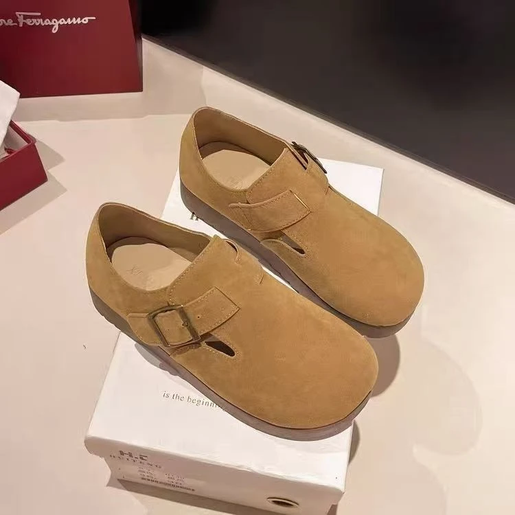 】现货乐福鞋单鞋穆勒鞋新款绒面软底韩板夏季厚底透气一脚蹬2025