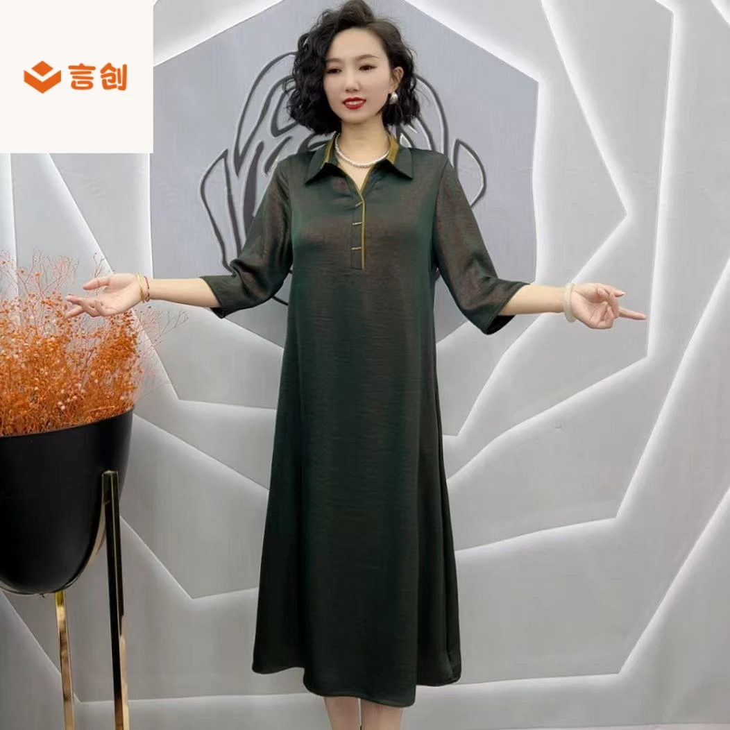 317七分袖春夏季宽松真丝时尚撞色翻领炫彩暗纹连衣裙大码中长款