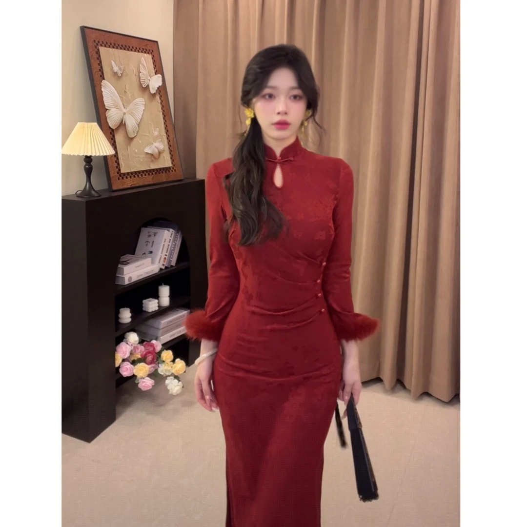 【织锦】红色加绒弹力新中式旗袍秋冬新款改良款旗袍连衣裙衣长袖