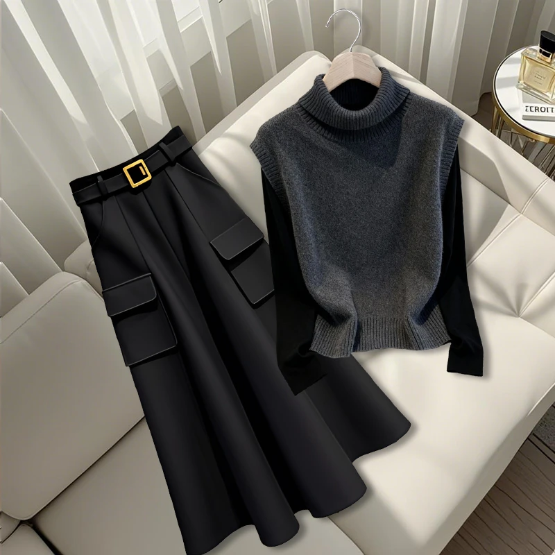 时尚女装一整套2025冬季新款洋气针织毛衣打底衫气质半身裙三件套
