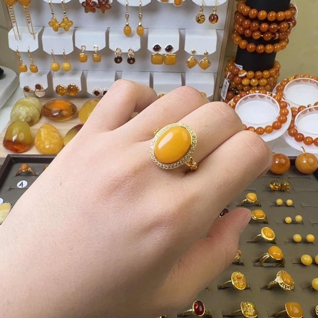 蜜蜡银S925镶嵌戒指精品蜜蜡小众戒指