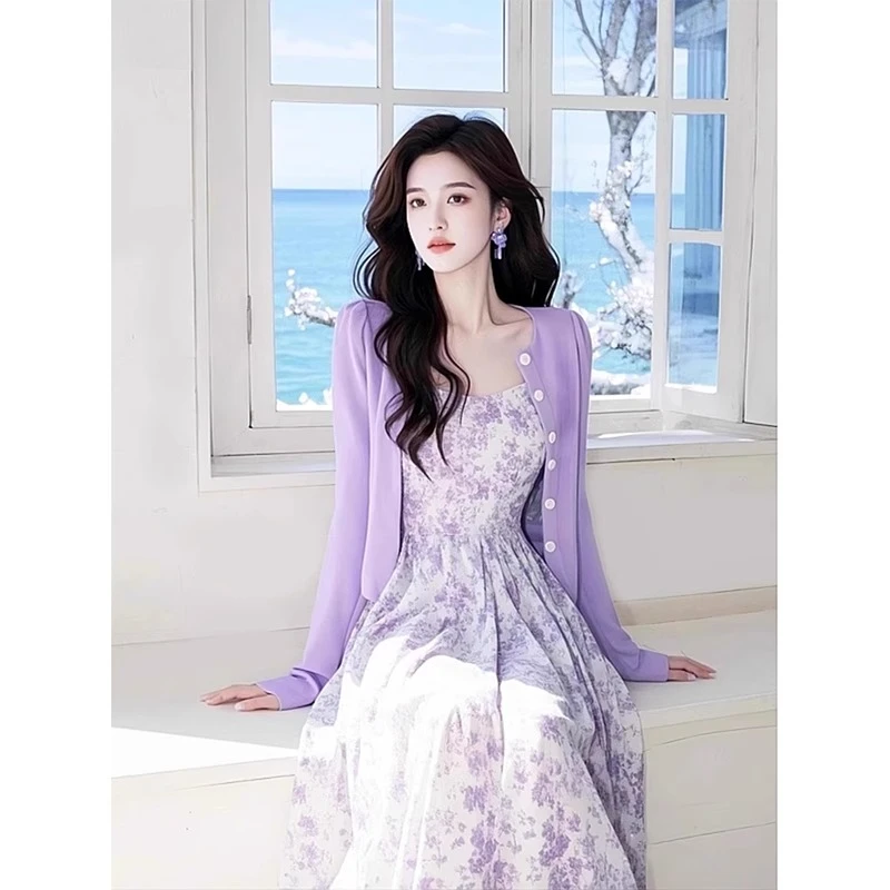 2025春装新款法式高级感温柔气质绝美紫色碎花吊带连衣裙开衫套装