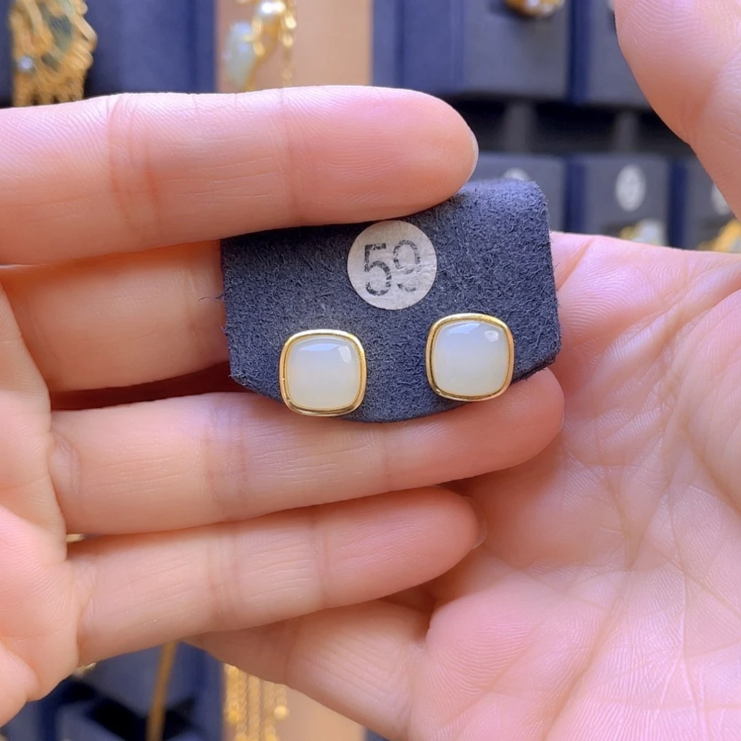 和田玉耳饰银S925镀金镶嵌