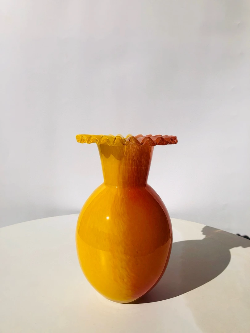 中古手工琉璃花瓶绿橘黄渐变压褶瓶口艺术家居软装器皿北欧设计