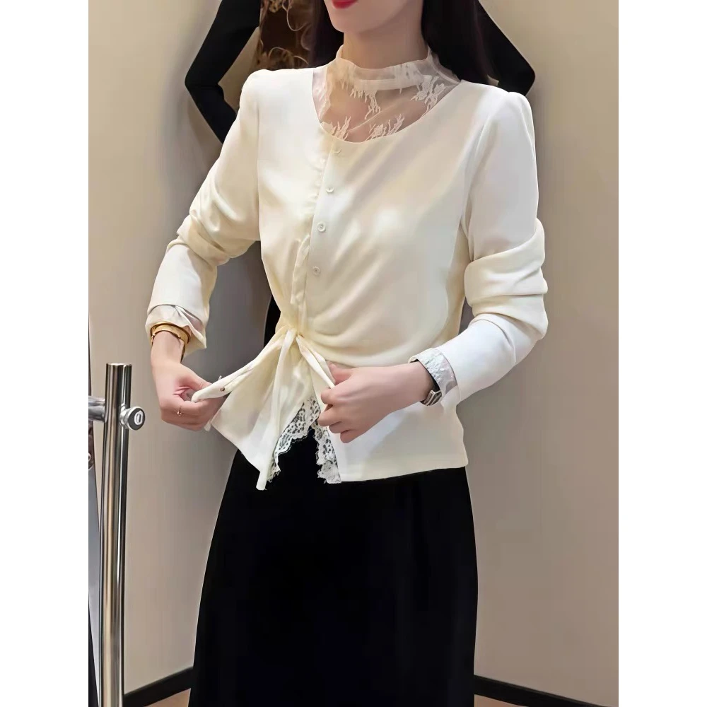 蕾丝拼接长袖t恤女2025年新款早秋chic别致上衣小众不撞款打底衫