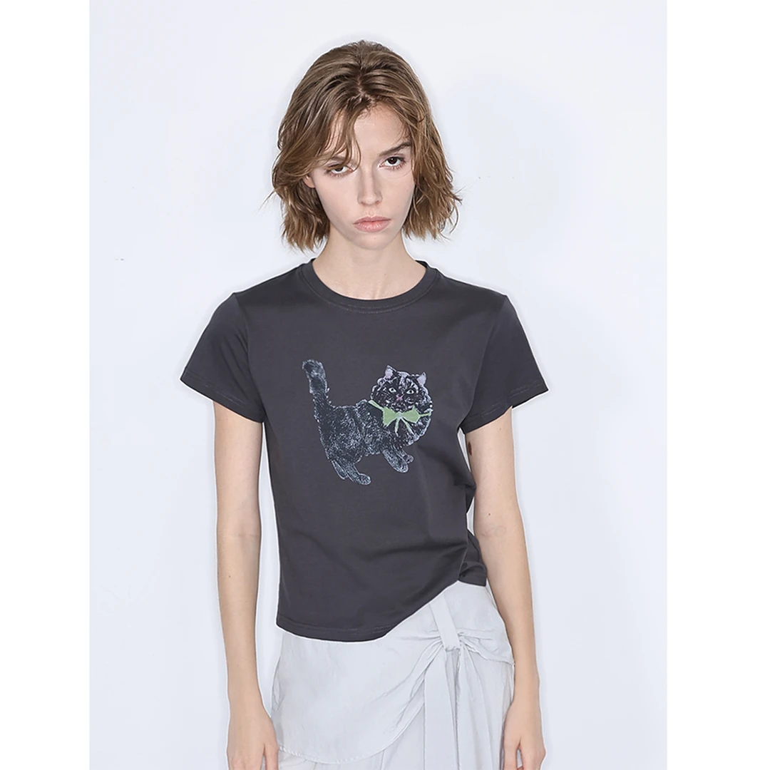 JDE 深灰色猫咪印花T恤女夏短袖圆领休闲通勤百搭纯棉显瘦上衣tee