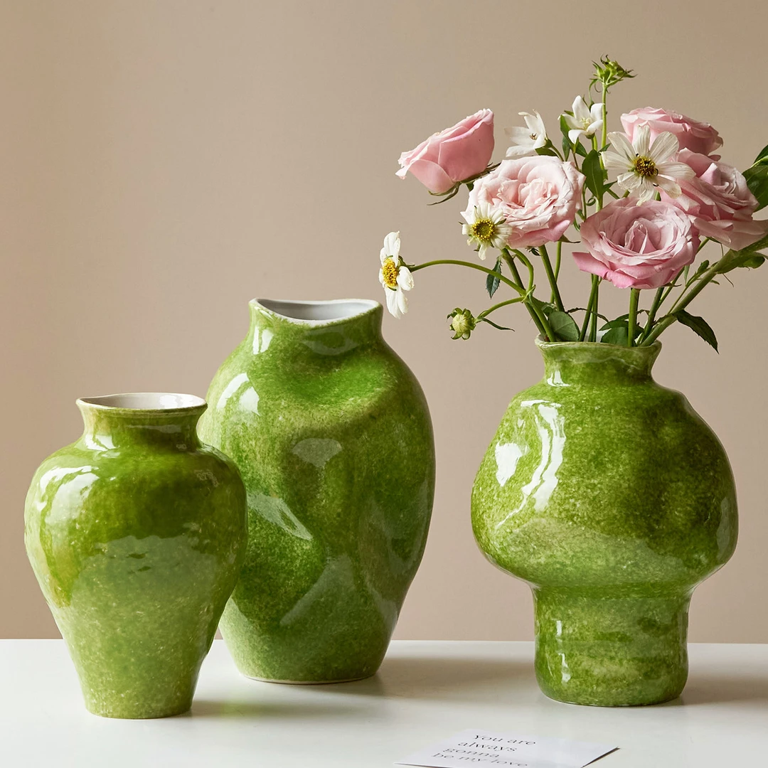 复古陶瓷花瓶绿色油画创意高级感水培插花干花鲜花客厅装饰品摆件
