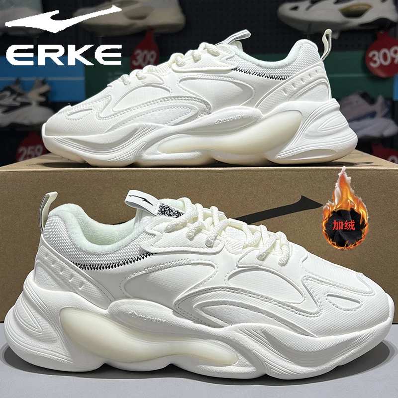 鸿星尔克女子加绒慢跑鞋2025秋冬新款保暖皮面防水百搭运动面包鞋