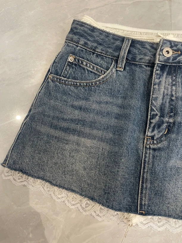 CiCi 小众设计牛仔 蕾丝高腰A字牛仔半身裙