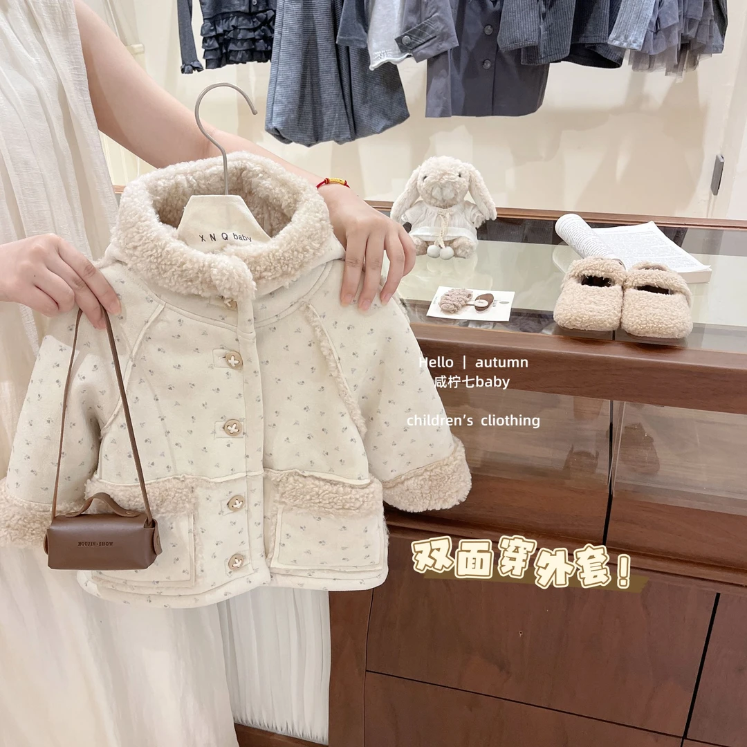 现【咸柠七】双面穿！女童皮毛一体外套冬装宝宝加绒加厚连帽大衣