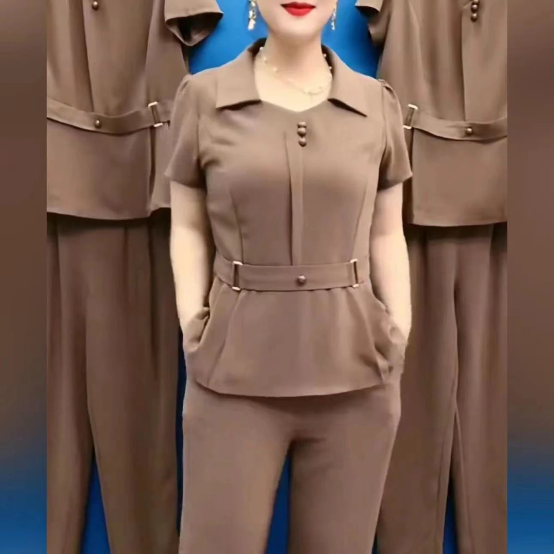 [新品]新款套装时尚显瘦妈妈装大码短袖春夏百搭遮肚两件套