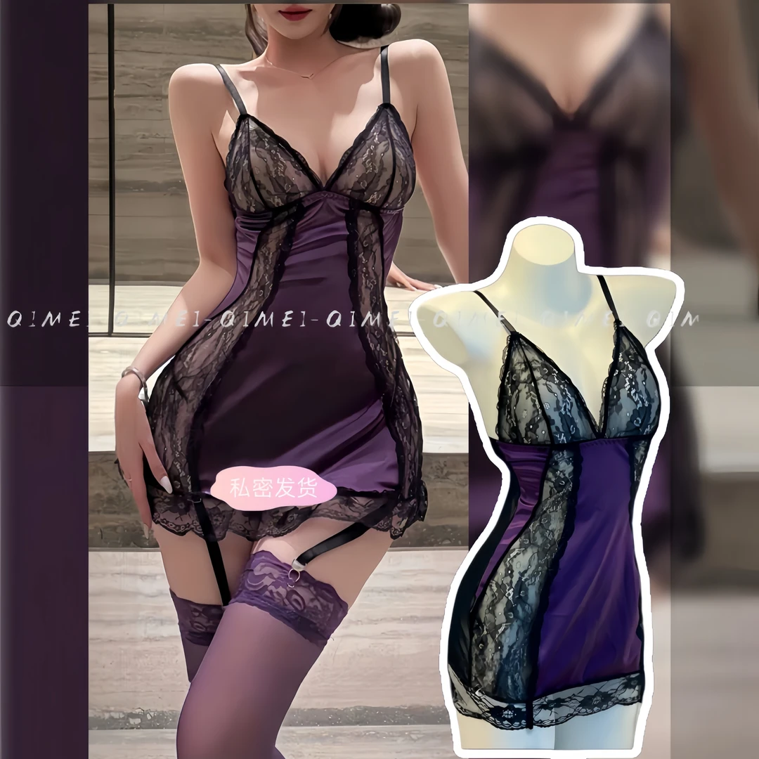 夜撩【紫魅】紫色性感睡裙紫色镂空蕾丝睡裙紫色薄款蕾丝睡衣睡裙