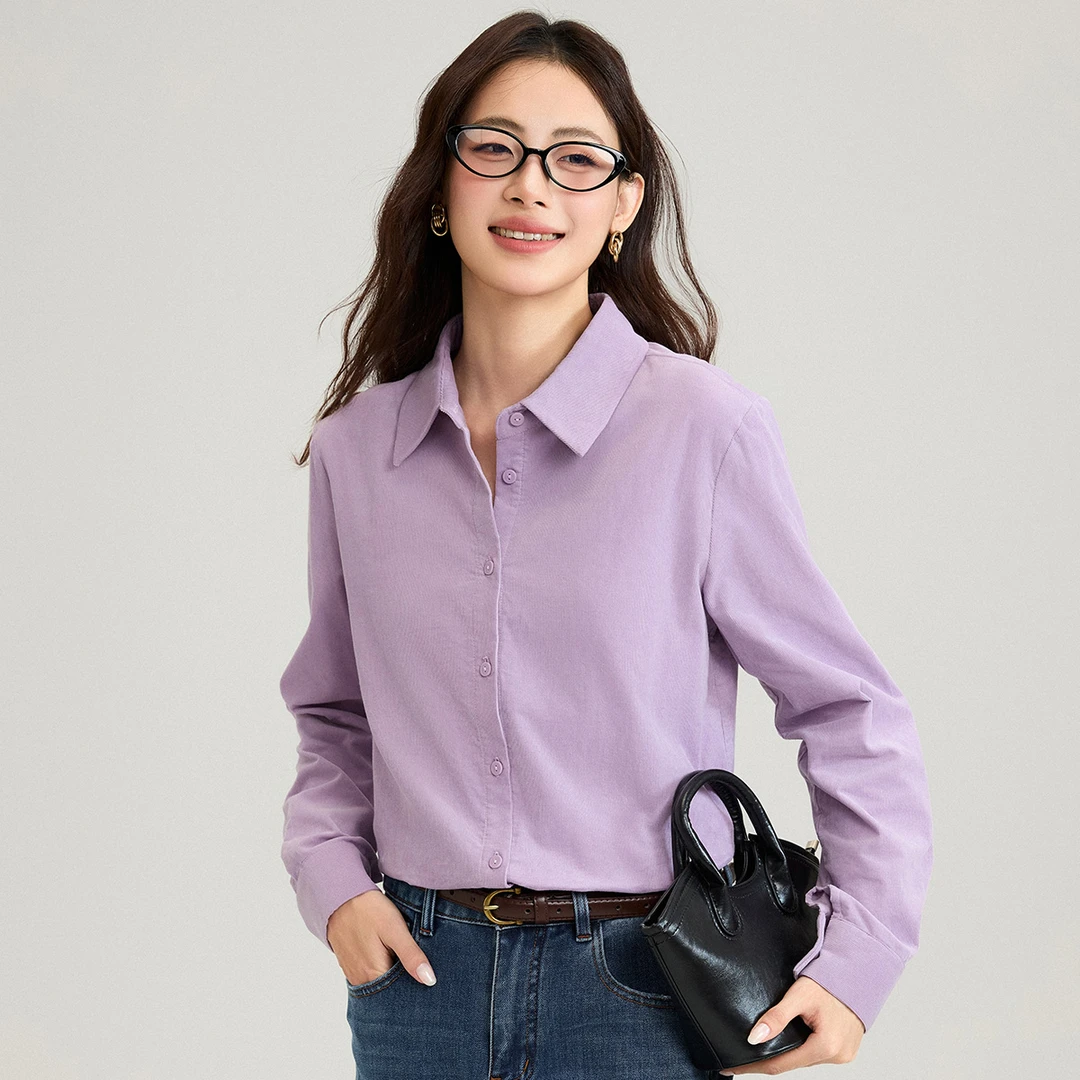 【流光风穿搭】茵曼25秋季纯棉简约长袖翻领衬衫职业百搭灯芯绒衬衣