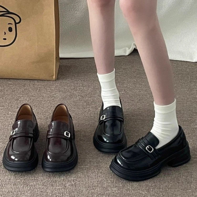 棕色复古英伦风增高厚底小皮鞋女2025春季新款法式一脚蹬乐福单鞋
