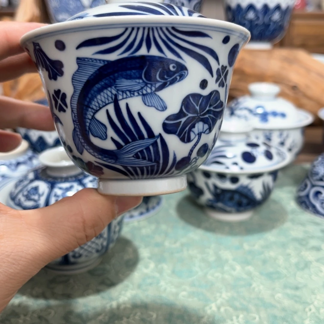 不*到翰林瓷轩鱼藻纹盖碗瑕